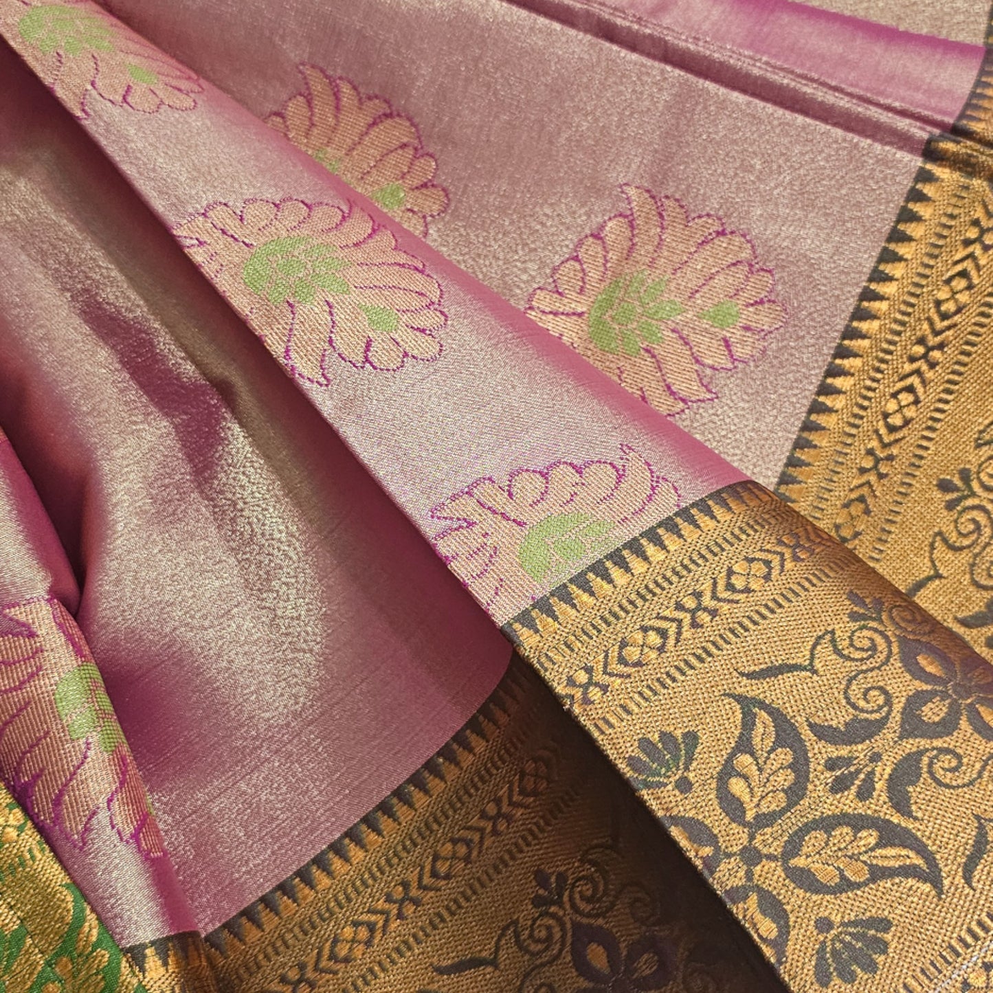 Romantic Pink and Green Tissue Soft Silk Saree - A Delicate Duo