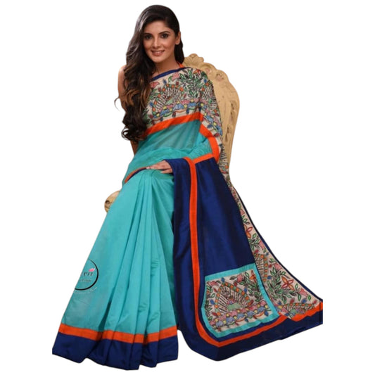 Unique Firozi Blue Chanderi Silk Saree with Madhubani Art - A Timeless Beauty