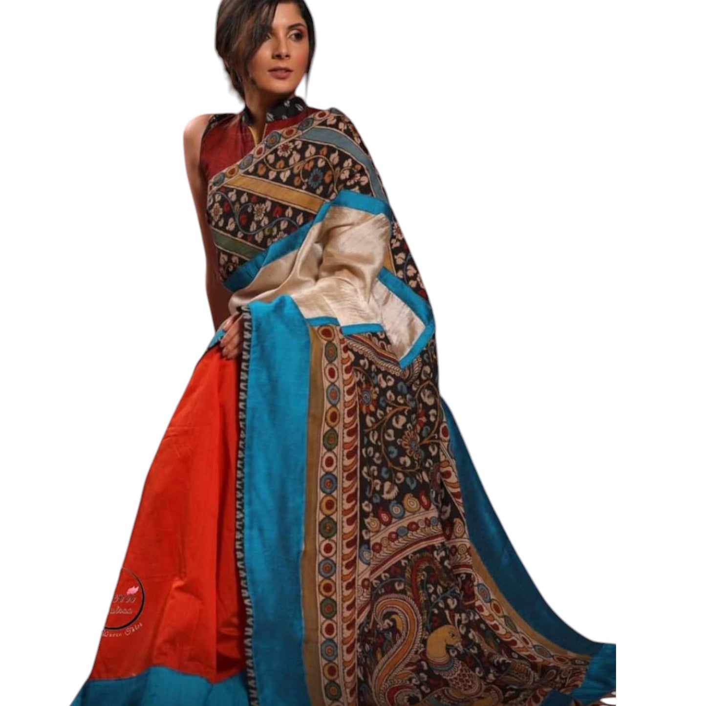 Elegant Tussar and Chanderi Silk Saree with Handpainted Kalamkari - A Perfect Blend of Tradition and Modernity