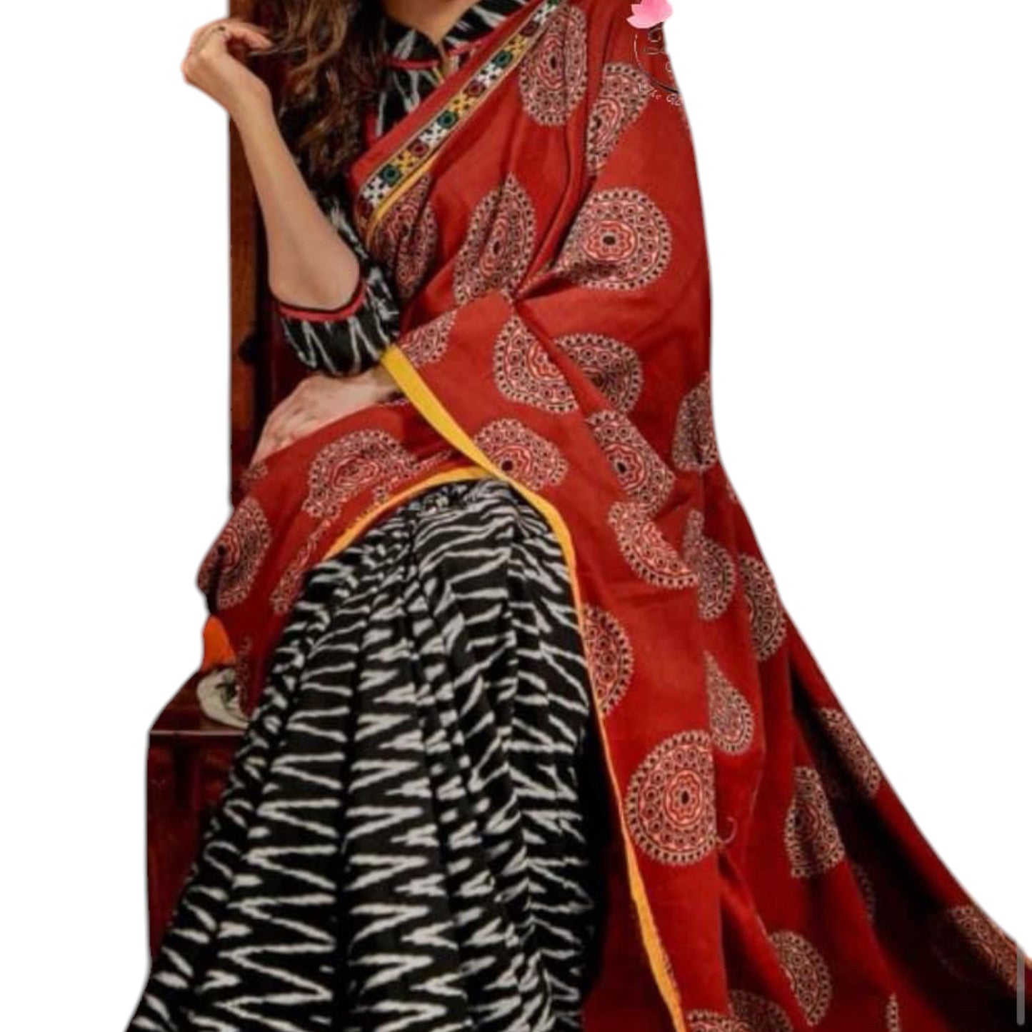 Rustic Beauty: Cotton Silk Saree with Ajrakh, Ikkat, and Kutch Mirror Work