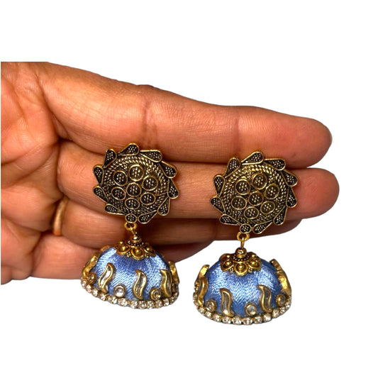 Silk Thread Malibu Blue with Stone Work Big Jhumka / Light Blue Jhumka