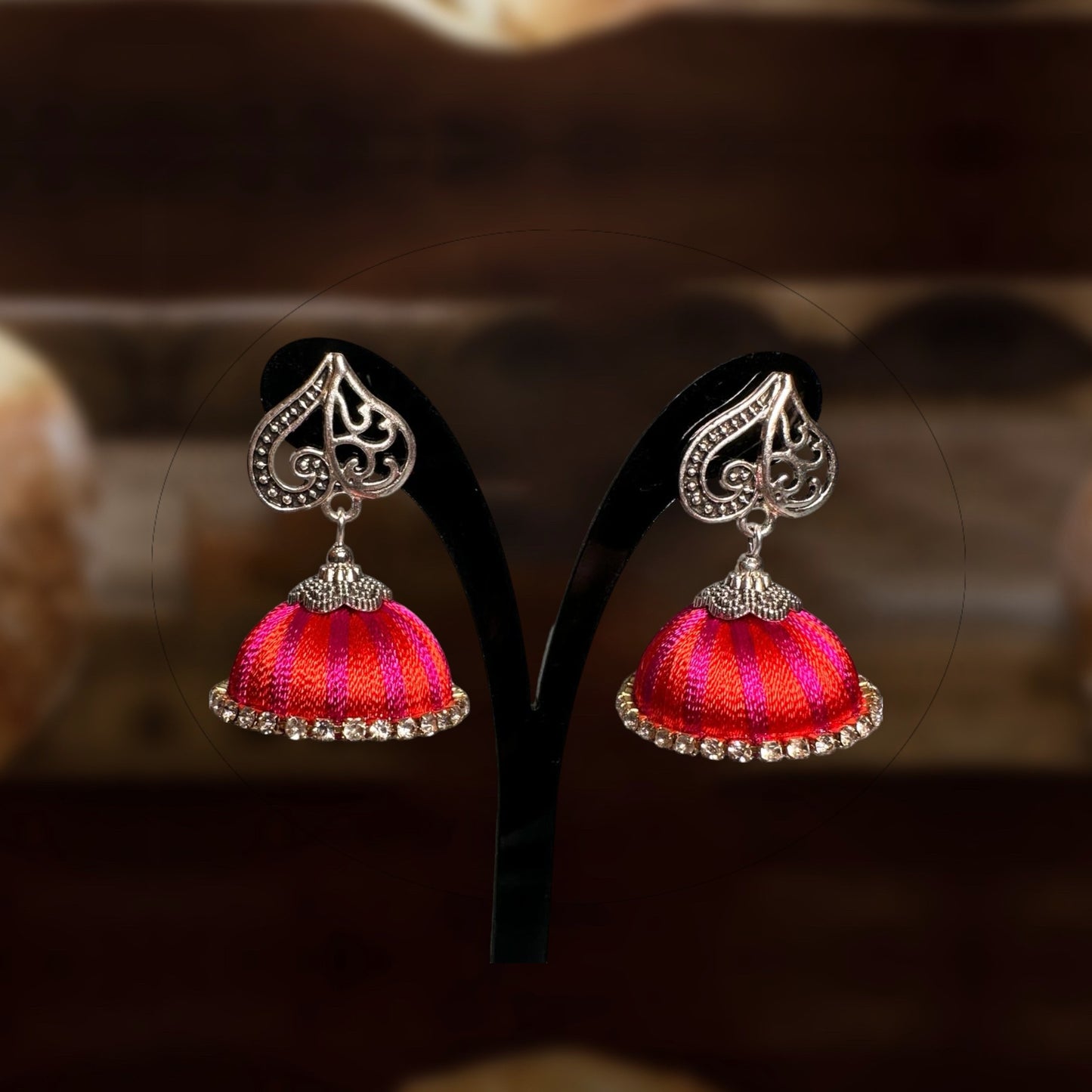 Silk Thread Reddish Orange with White Stone Jhumka