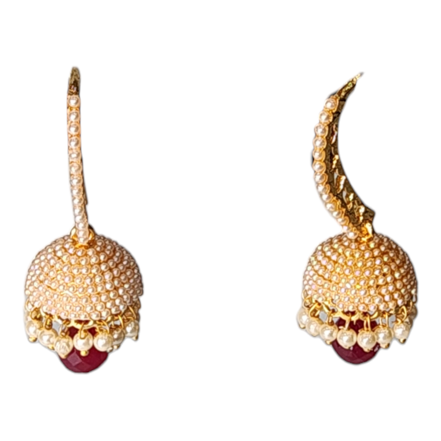 Boucles d'oreilles clous perle rubis goutte style fantaisie haute tenue de fête or Jhumka