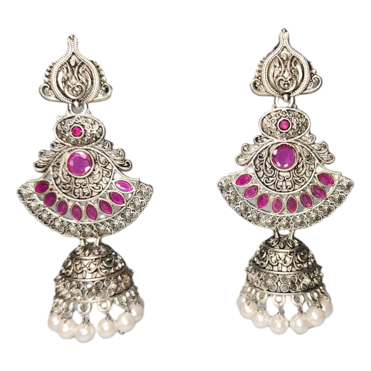 Boucles d'oreilles Puces Rubis Perle Argent Oxydé Style Fantaisie Tenue de Soirée Jhumka