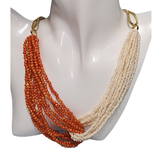 White Orange Pearl Cluster Fancy Style Short Chain Party Wear High Gold Polish