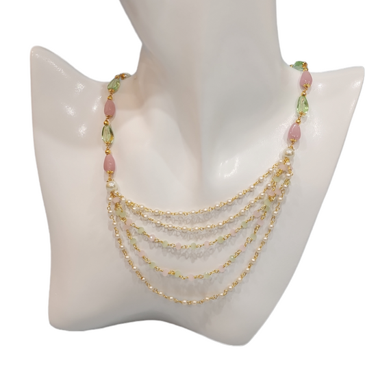 Mint Green Pink Pearl Cluster Fancy Style Short Chain Party Wear High Gold Polish