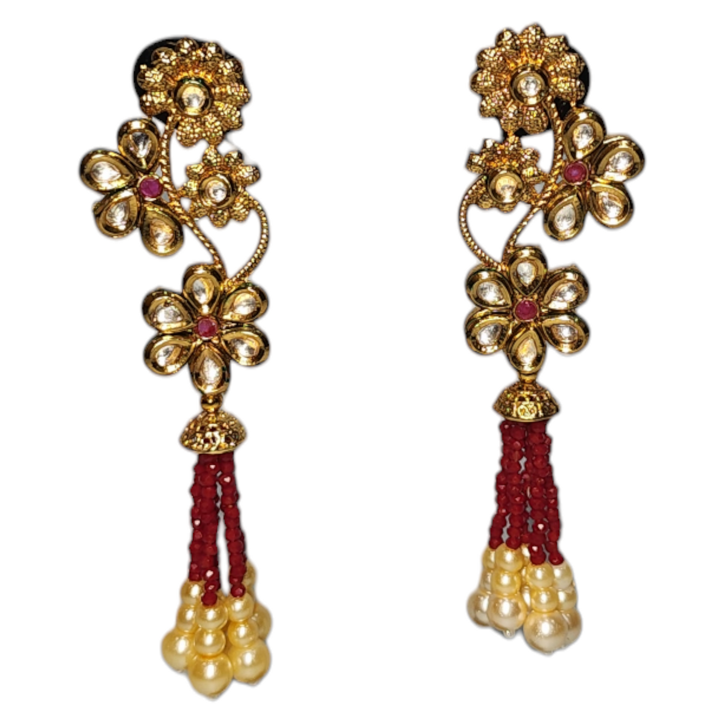 Clous d'oreilles grappe rouge blanc perle goutte haute or fantaisie Style tenue de fête Jhumka