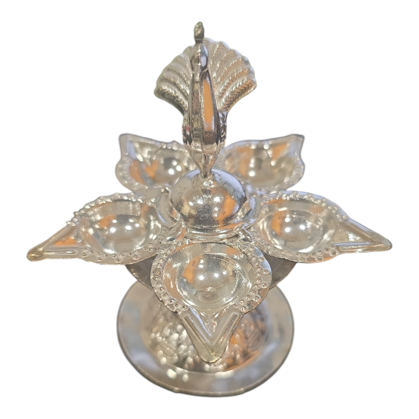 Charming silver-plated vilakku (lamp) with intricate designs, perfect for lighting during pooja and festive occasions.