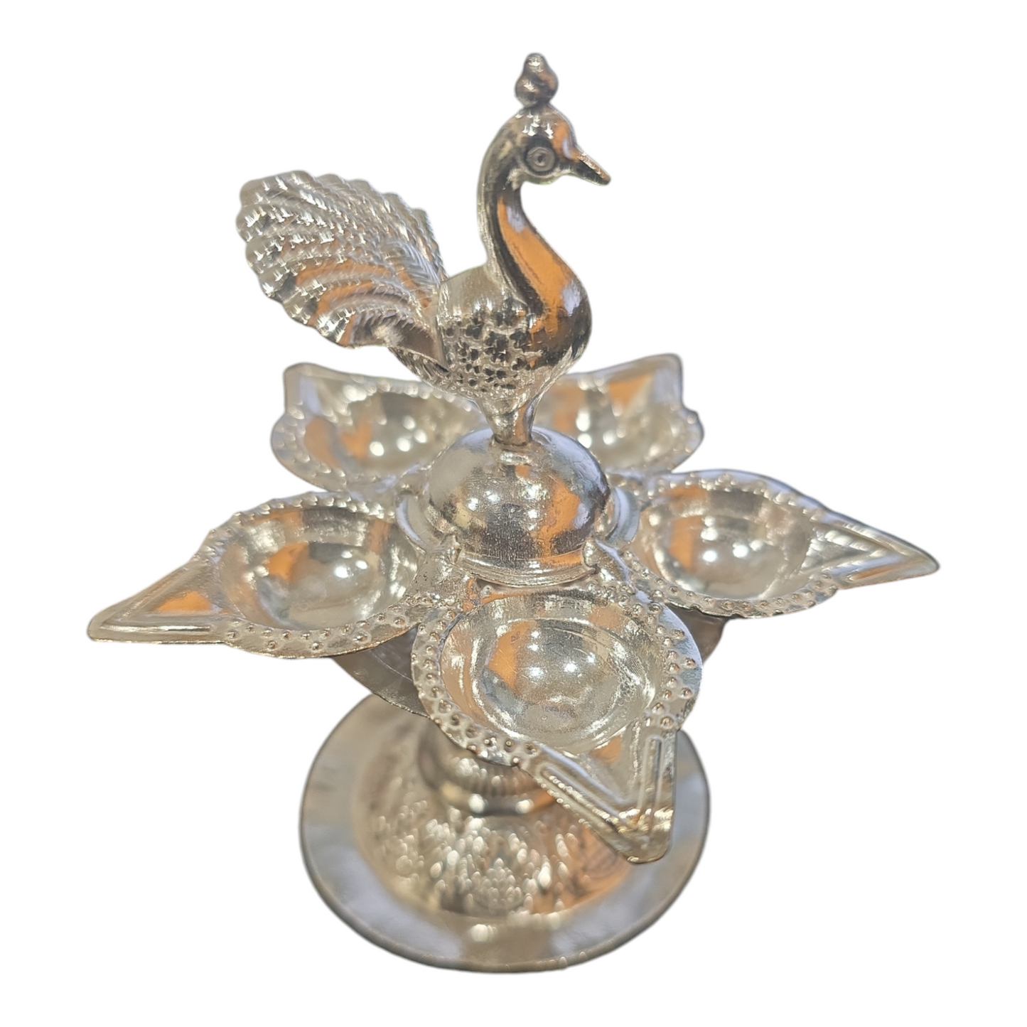 Peacock Diya, German Silver, 4 inch, 1 each