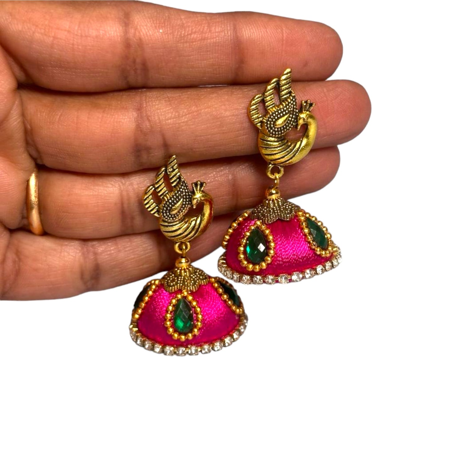 Silk Thread Bright Pink with Green Stone Work Big Jhumka / Magenta Pink Jhumka