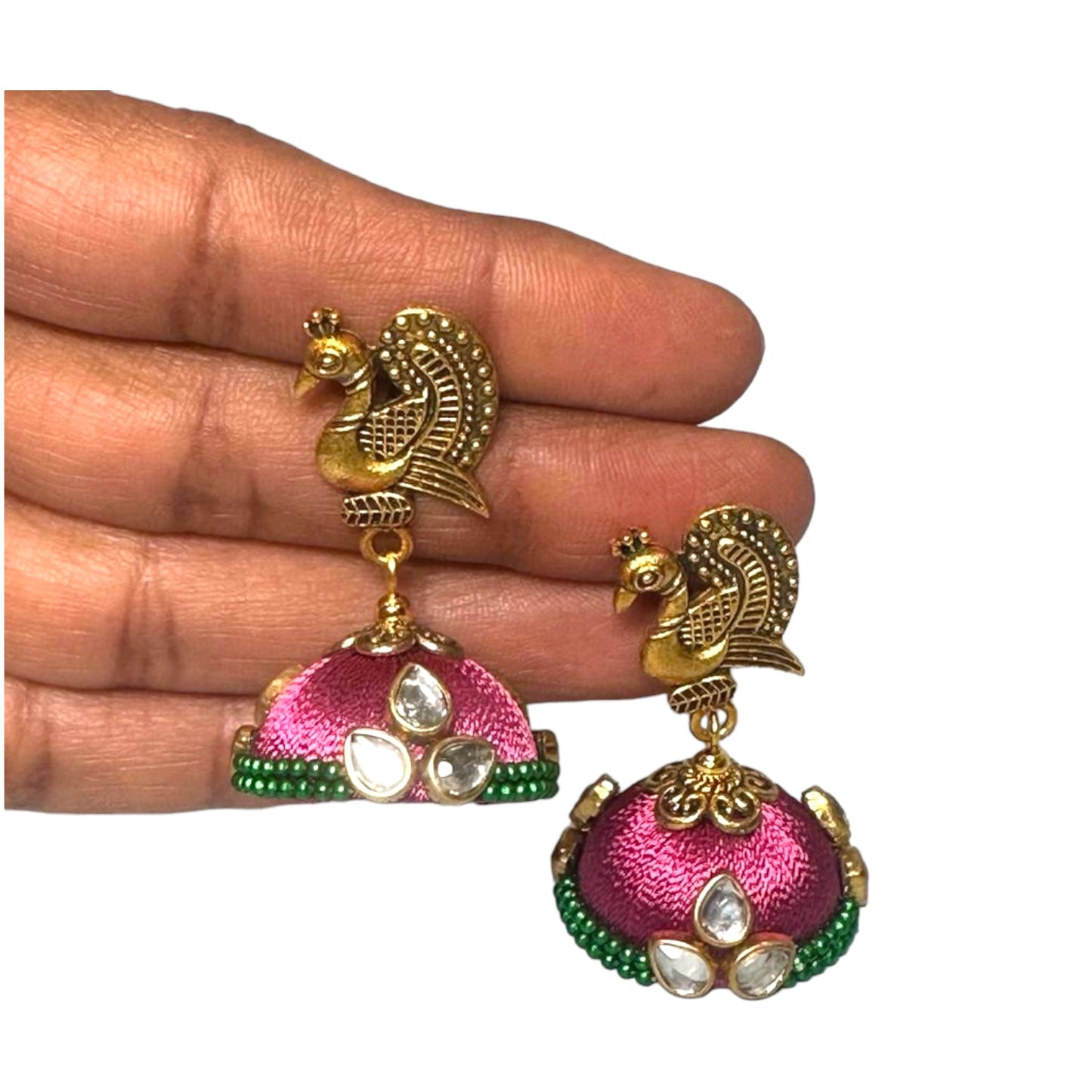 Fil de soie rose mûrier avec travail de pierre Big Jhumka / Jhumka rose oignon